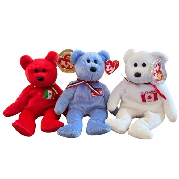 Ty Beanie Babies Bears Lot of 3 Mexico Osito Red America Blue Canada Maple White - Picture 1 of 16